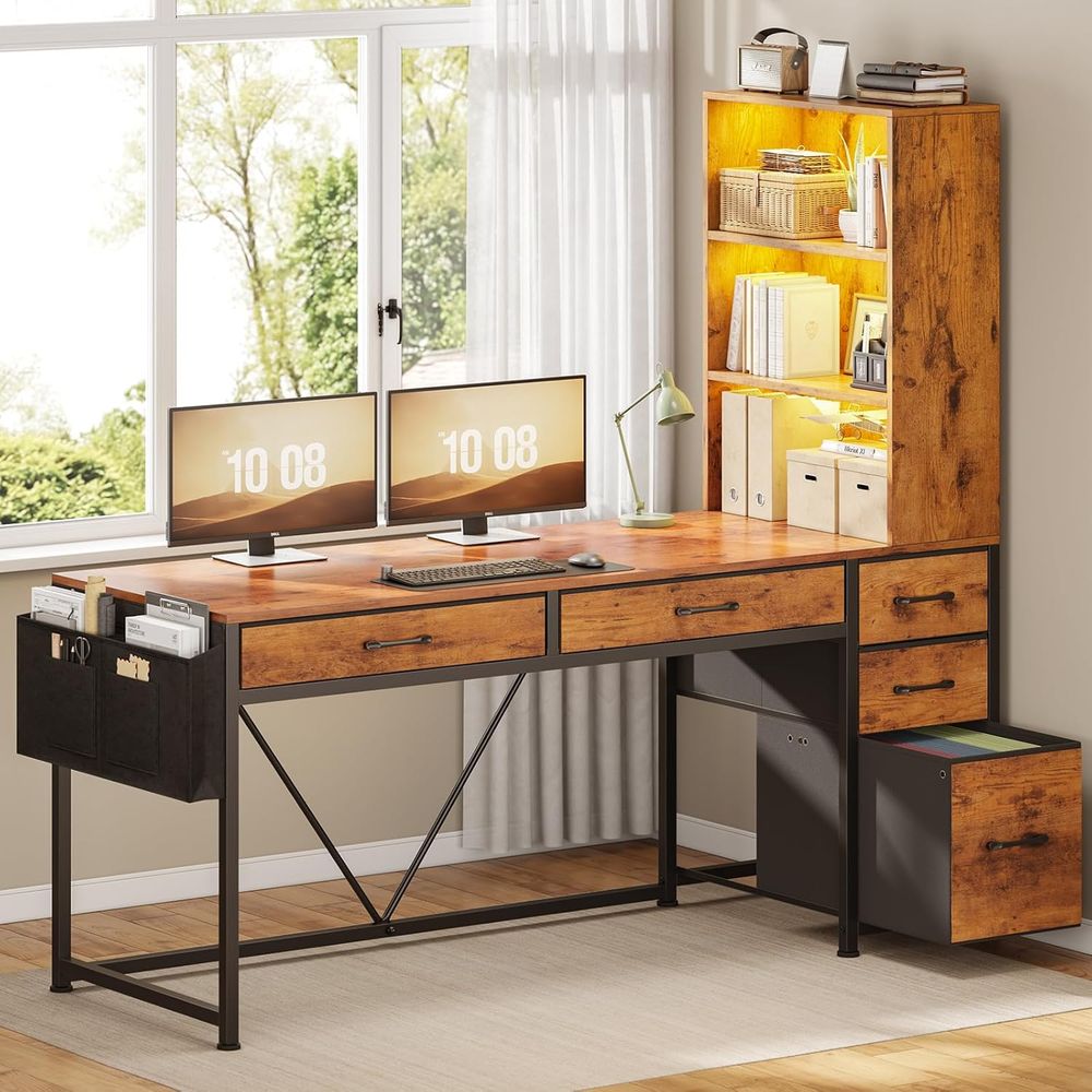 Office Furniture For Small Spaces - 5-Drawer Rustic Brown Desk with Bookshelf