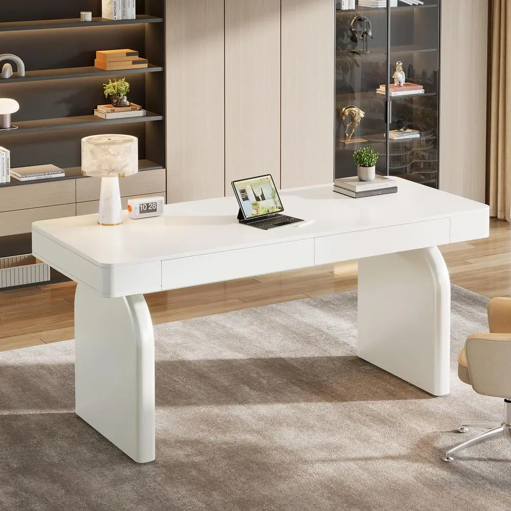 63 Inch Modern White Desk with - Office Furniture For Small Spaces avaliação e preço